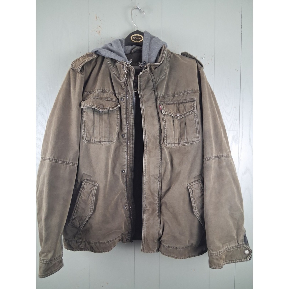 VINTAGE Levis 2 Horse Mens Olive Green Hooded Military Style Jacket Quilt Lined